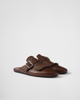 Prada Shuffle Fringed Leather Mules Cognac