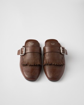 Prada Shuffle Fringed Leather Mules Cognac