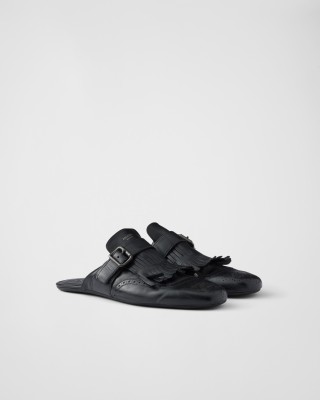 Prada Shuffle Fringed Monk Strap Leather Mules Black