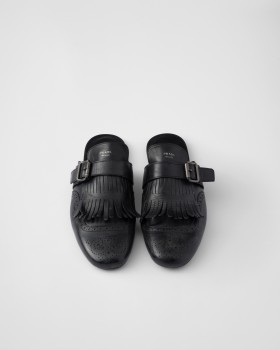 Prada Shuffle Fringed Monk Strap Leather Mules Black