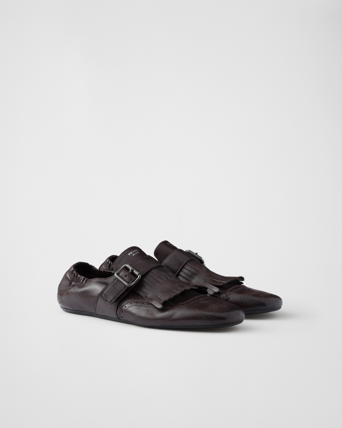 Prada Shuffle Fringed Monk Strap Shoes Dark Brown
