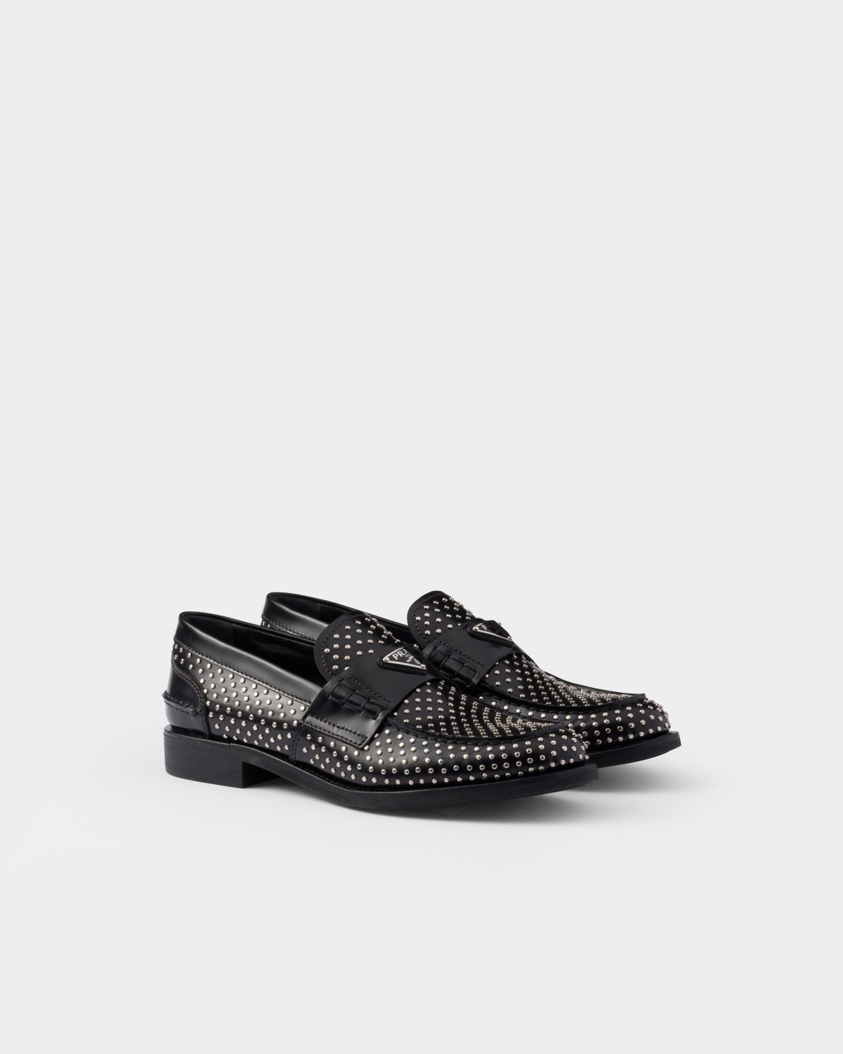 Prada Studded Brushed Leather Loafers Black