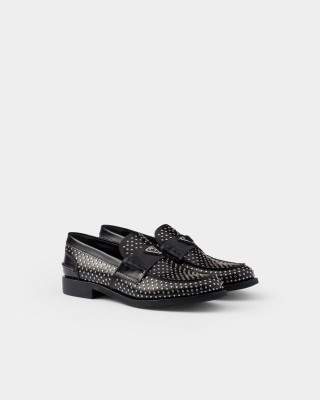 Prada Studded Brushed Leather Loafers Black