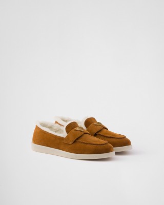 Prada Suede And Shearling Loafers Cognac