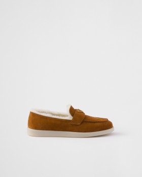 Prada Suede And Shearling Loafers Cognac