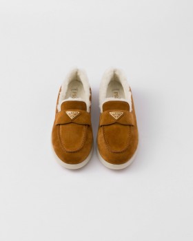 Prada Suede And Shearling Loafers Cognac