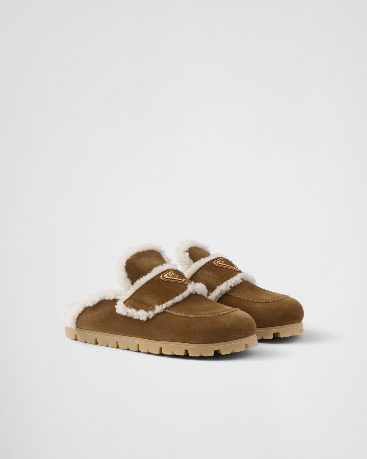 Prada Suede And Shearling Slippers Cinnamon