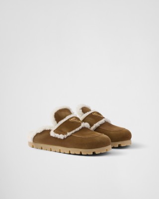Prada Suede And Shearling Slippers Cinnamon