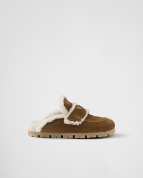 Prada Suede And Shearling Slippers Cinnamon