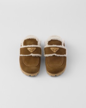 Prada Suede And Shearling Slippers Cinnamon