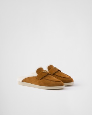 Prada Suede And Shearling Slippers Cognac