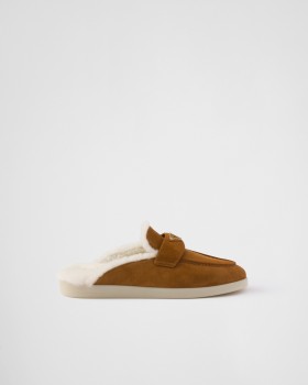Prada Suede And Shearling Slippers Cognac