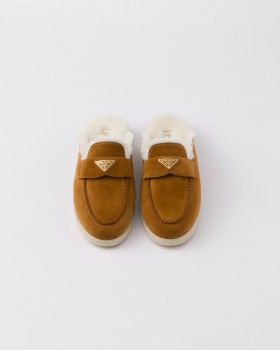 Prada Suede And Shearling Slippers Cognac