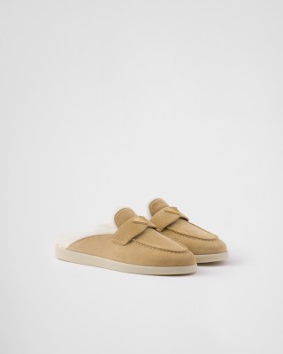 Prada Suede And Shearling Slippers Ecru