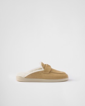 Prada Suede And Shearling Slippers Ecru