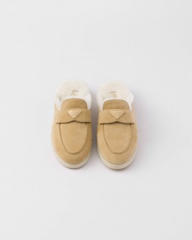 Prada Suede And Shearling Slippers Ecru