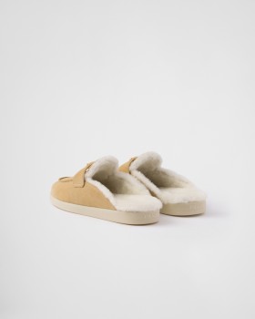 Prada Suede And Shearling Slippers Ecru