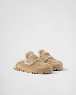 Prada Suede And Shearling Slippers Ecru