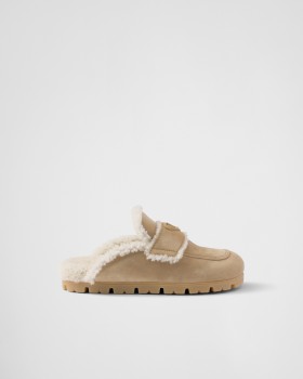 Prada Suede And Shearling Slippers Ecru