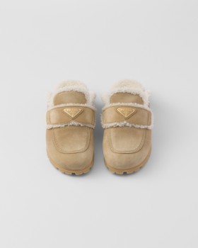 Prada Suede And Shearling Slippers Ecru