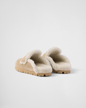 Prada Suede And Shearling Slippers Ecru