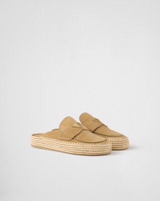 Prada Suede Flatform Mules Ecru