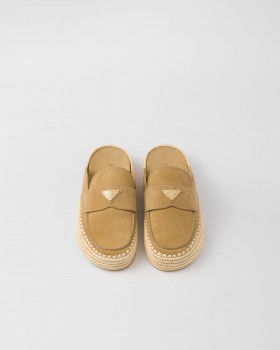 Prada Suede Flatform Mules Ecru
