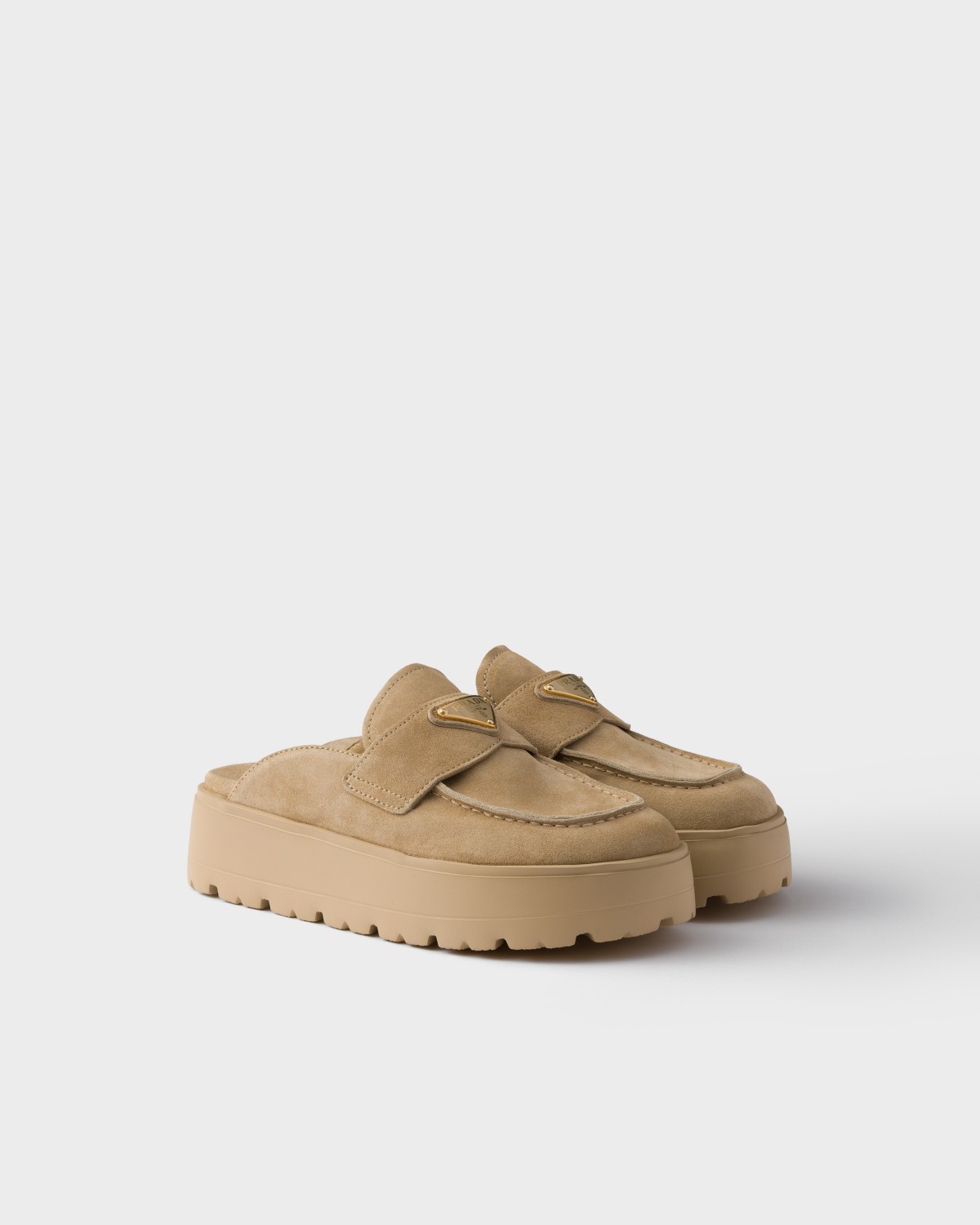Prada Suede Flatform Mules Ecru