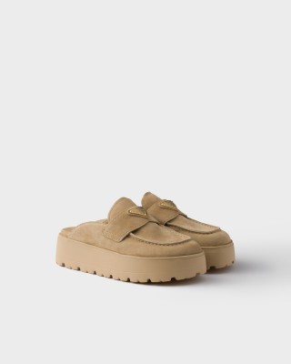 Prada Suede Flatform Mules Ecru