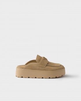 Prada Suede Flatform Mules Ecru