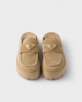 Prada Suede Flatform Mules Ecru