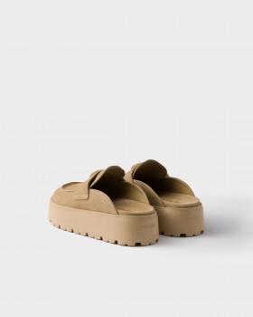 Prada Suede Flatform Mules Ecru