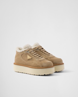 Prada Suede Mid-top Sneakers Ecru