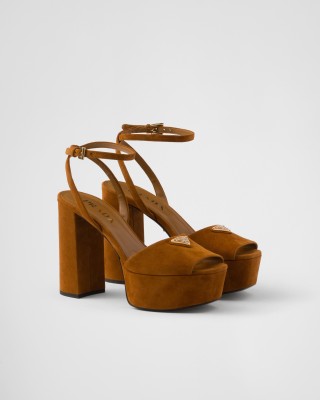 Prada Suede Platform Sandals Cognac