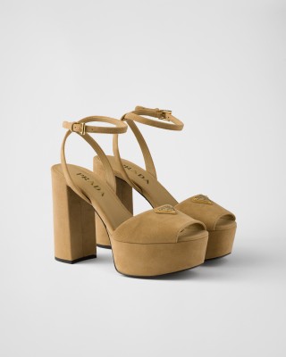 Prada Suede Platform Sandals Ecru