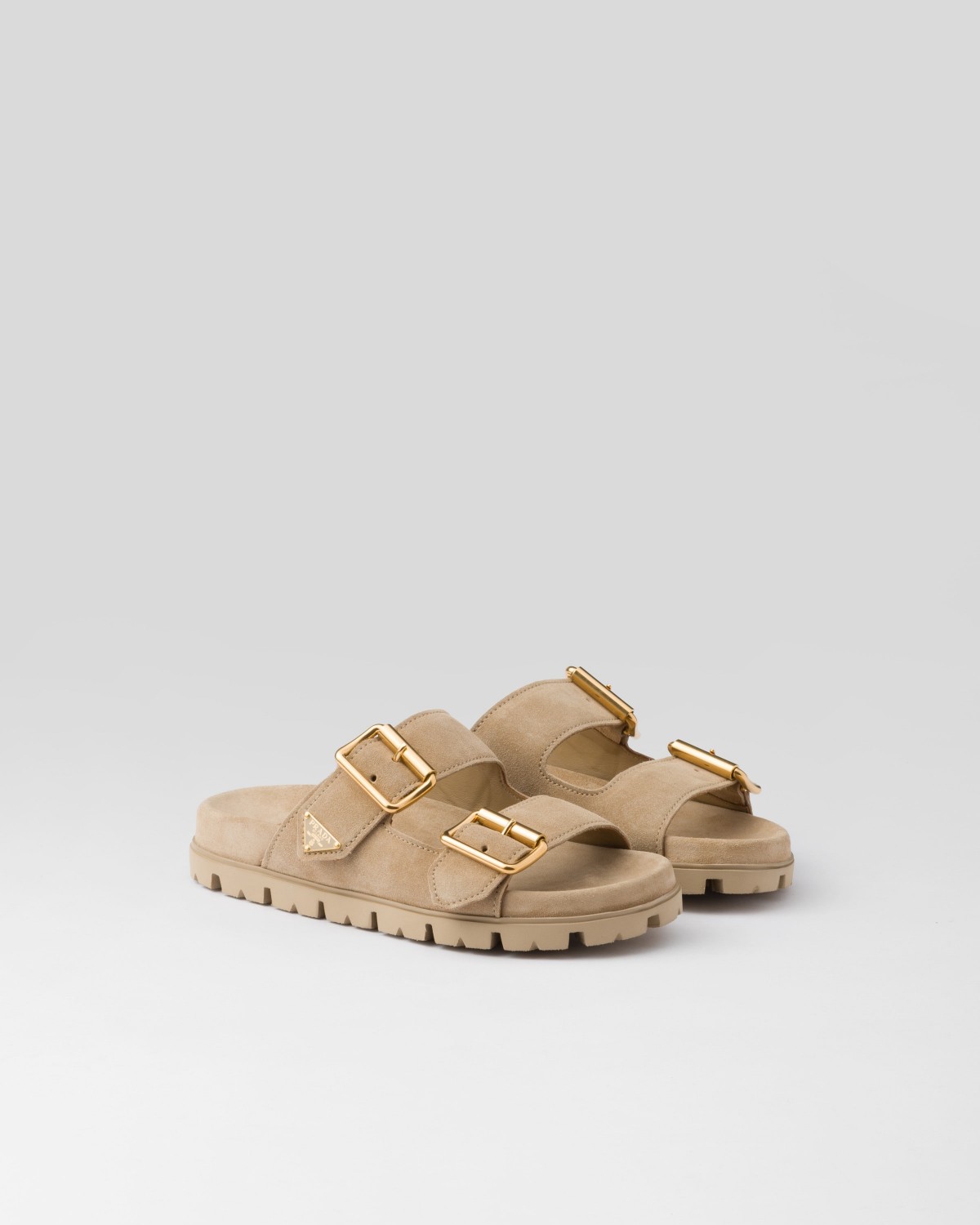 Prada Suede Strap Slides Ecru