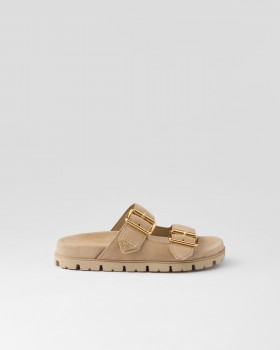 Prada Suede Strap Slides Ecru