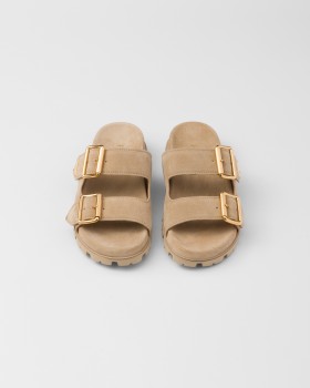 Prada Suede Strap Slides Ecru