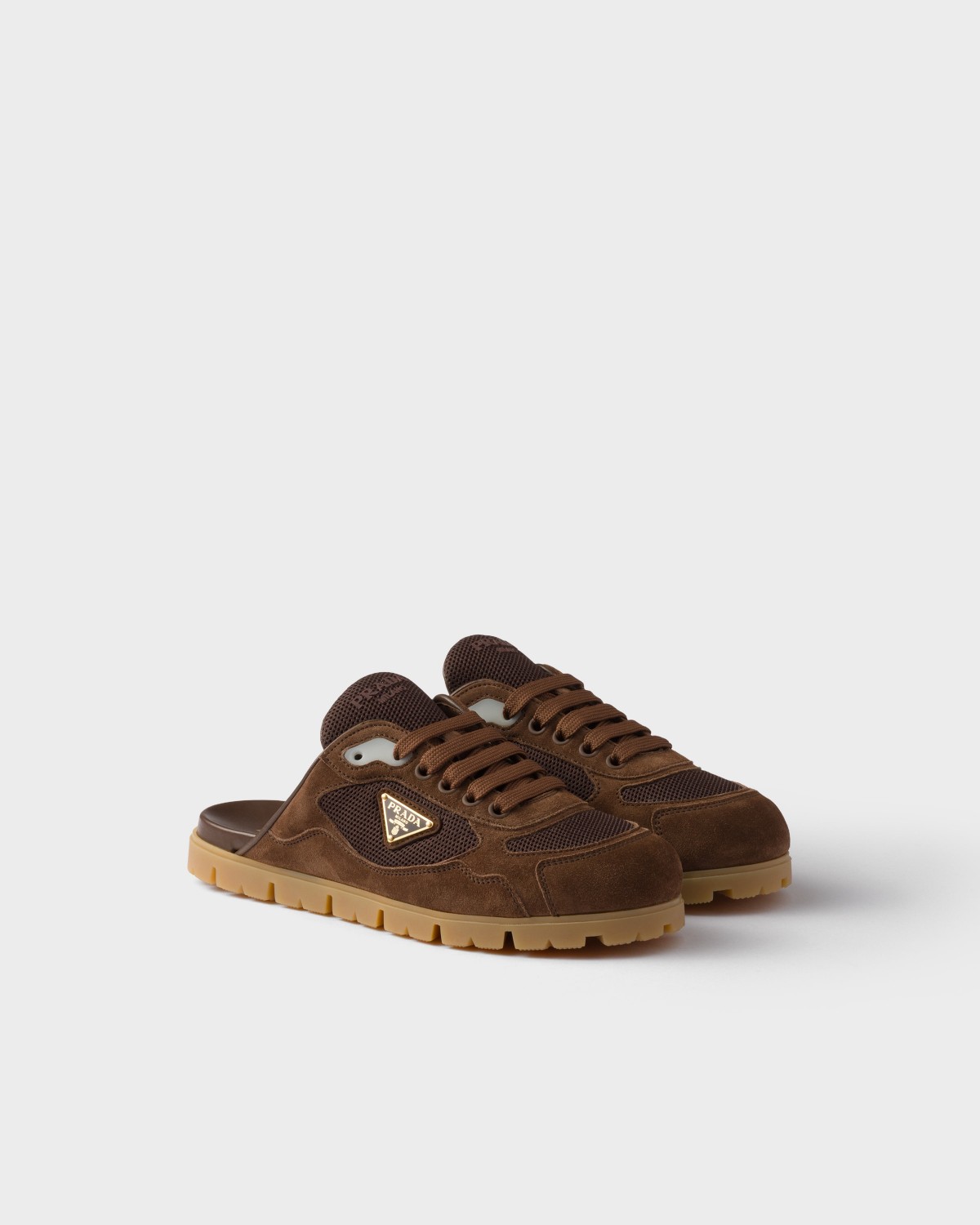 Prada Trail Mesh Fabric And Suede Mules Cocoa Brown