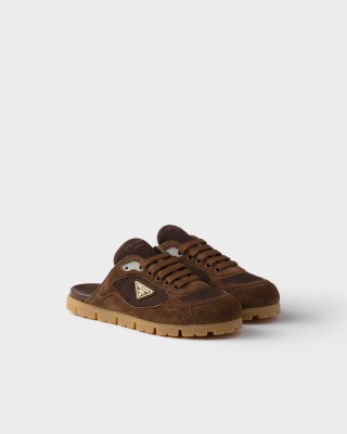 Prada Trail Mesh Fabric And Suede Mules Cocoa Brown