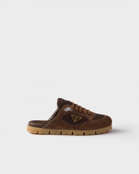 Prada Trail Mesh Fabric And Suede Mules Cocoa Brown