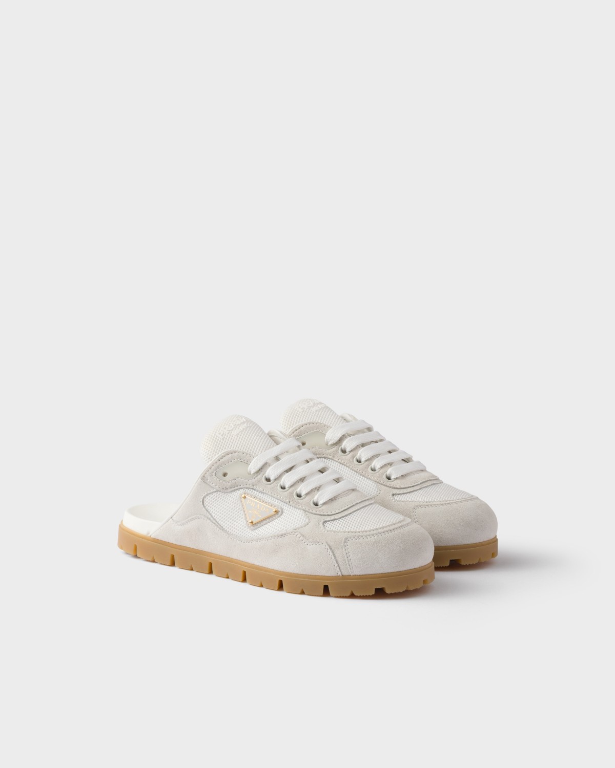 Prada Trail Mesh Fabric And Suede Mules White