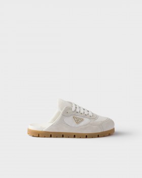 Prada Trail Mesh Fabric And Suede Mules White