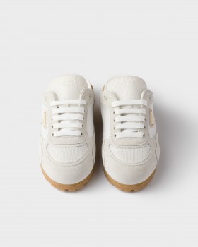 Prada Trail Mesh Fabric And Suede Mules White